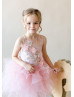 Blush Pink Ruffle Tulle 3D Flower Slit Corset Back Flower Girl Dress